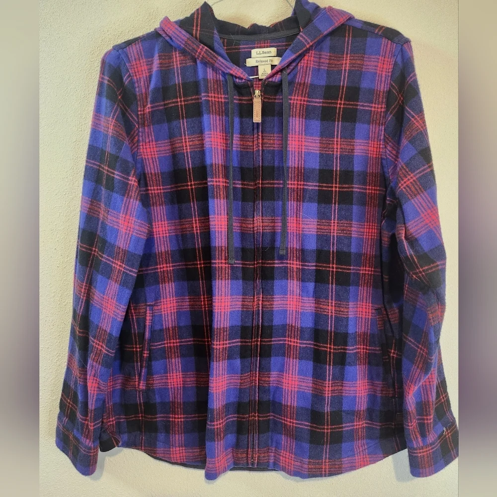 L.L. Bean Women's Scotch Plaid Flannel Zip Up Hoodie Relaxed Fit Size Large - Picture 5 of 11
